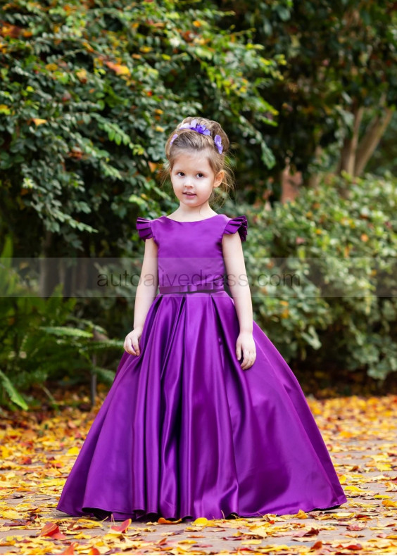 Purple Satin V Back Flower Girl Dress With Bow